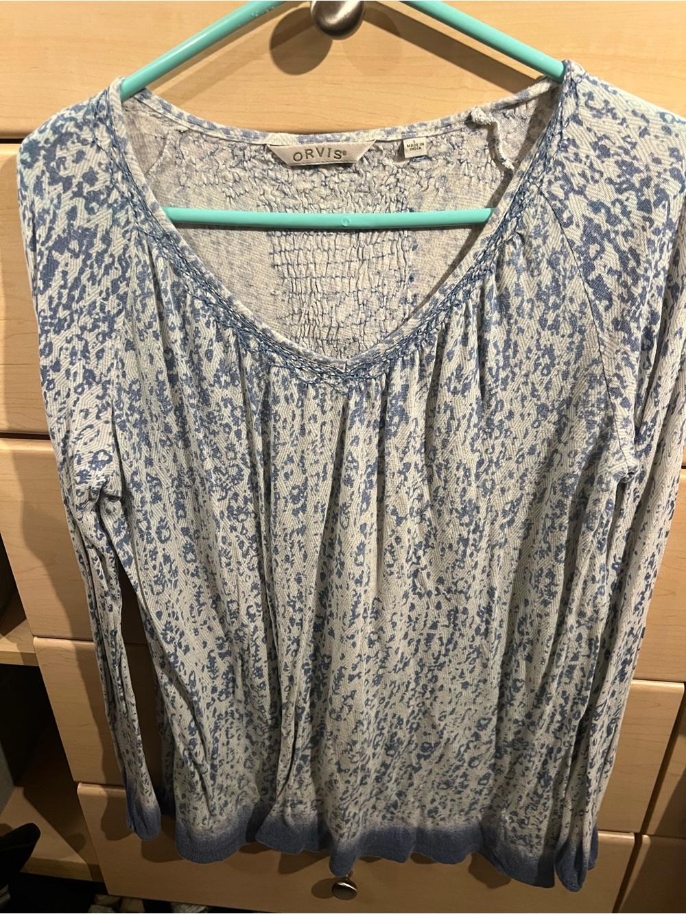 Orvis Light Blue Floral-Print Long Sleeve Top size L